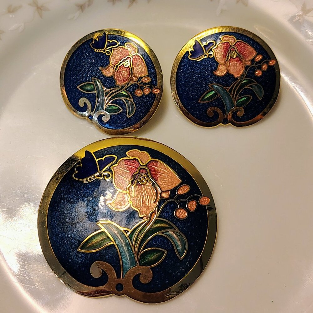 Vtg Cloisonne Enameled Round Floral Butterfly Brooch And Earring Set Navy
